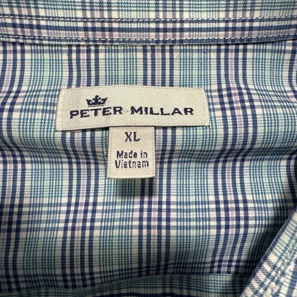 Peter Millar Nylon Performance Shirt Men XL Pink Green Plaid Button Front Preppy